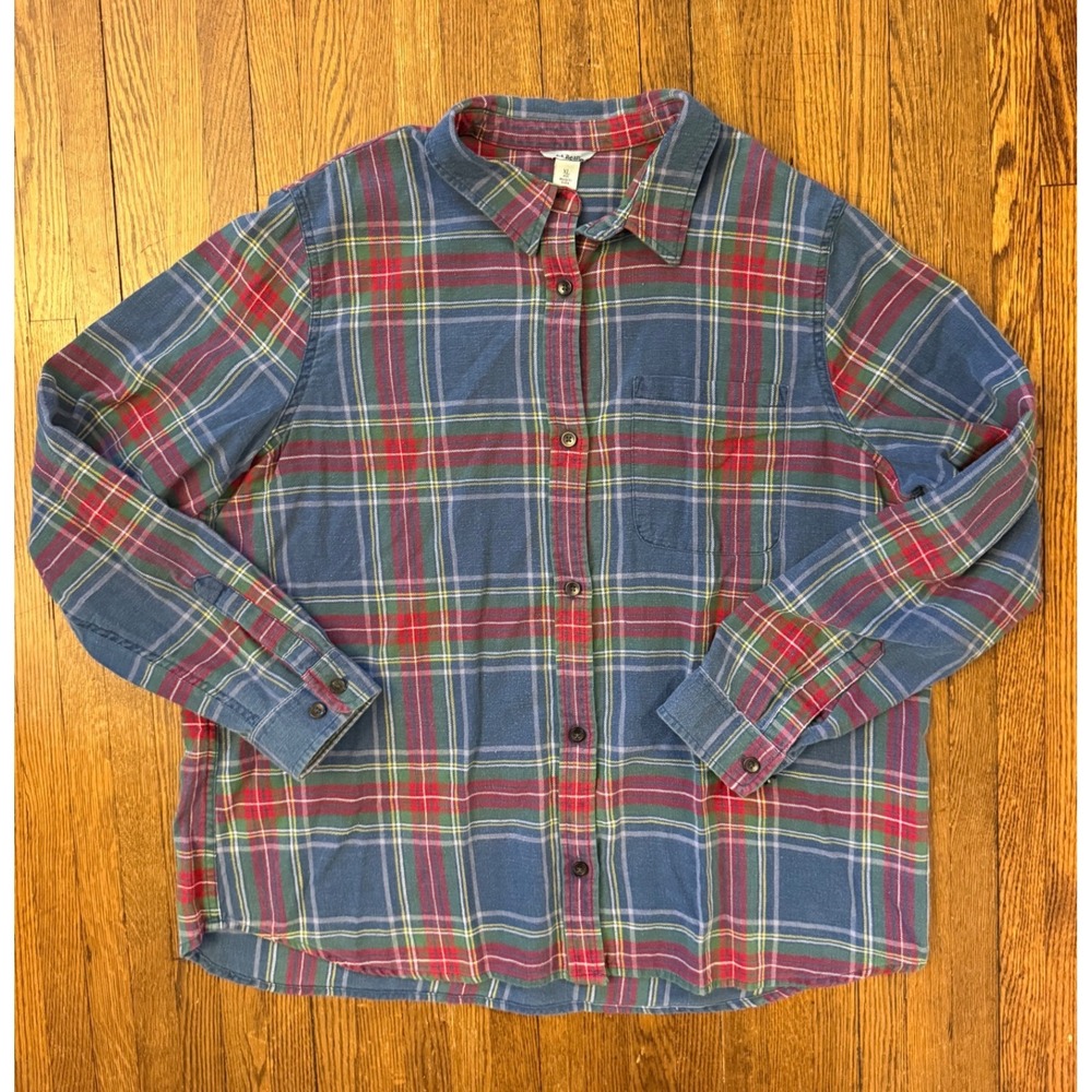 LL Bean Plaid Flannel Shirt Mens XL Blue Red Green Cotton Button Down 525854